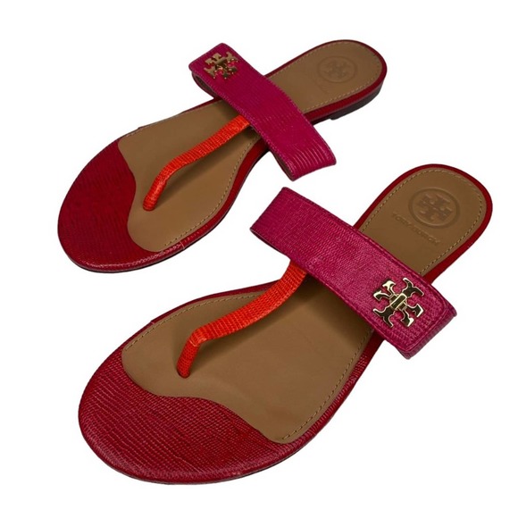 Tory Burch Kira Thong Sandals Embossed Leather Colorblock Flip Flops Size 6 - Picture 7 of 10